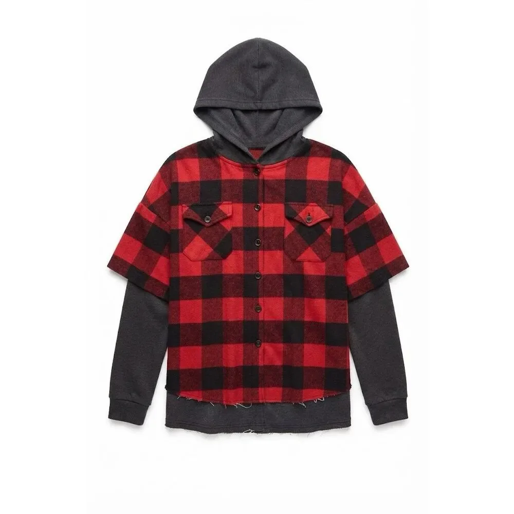 #1004. BiBi Charcoal Buffalo Plaid Long Sleeve Hooded Button Down Shacket NWT_2